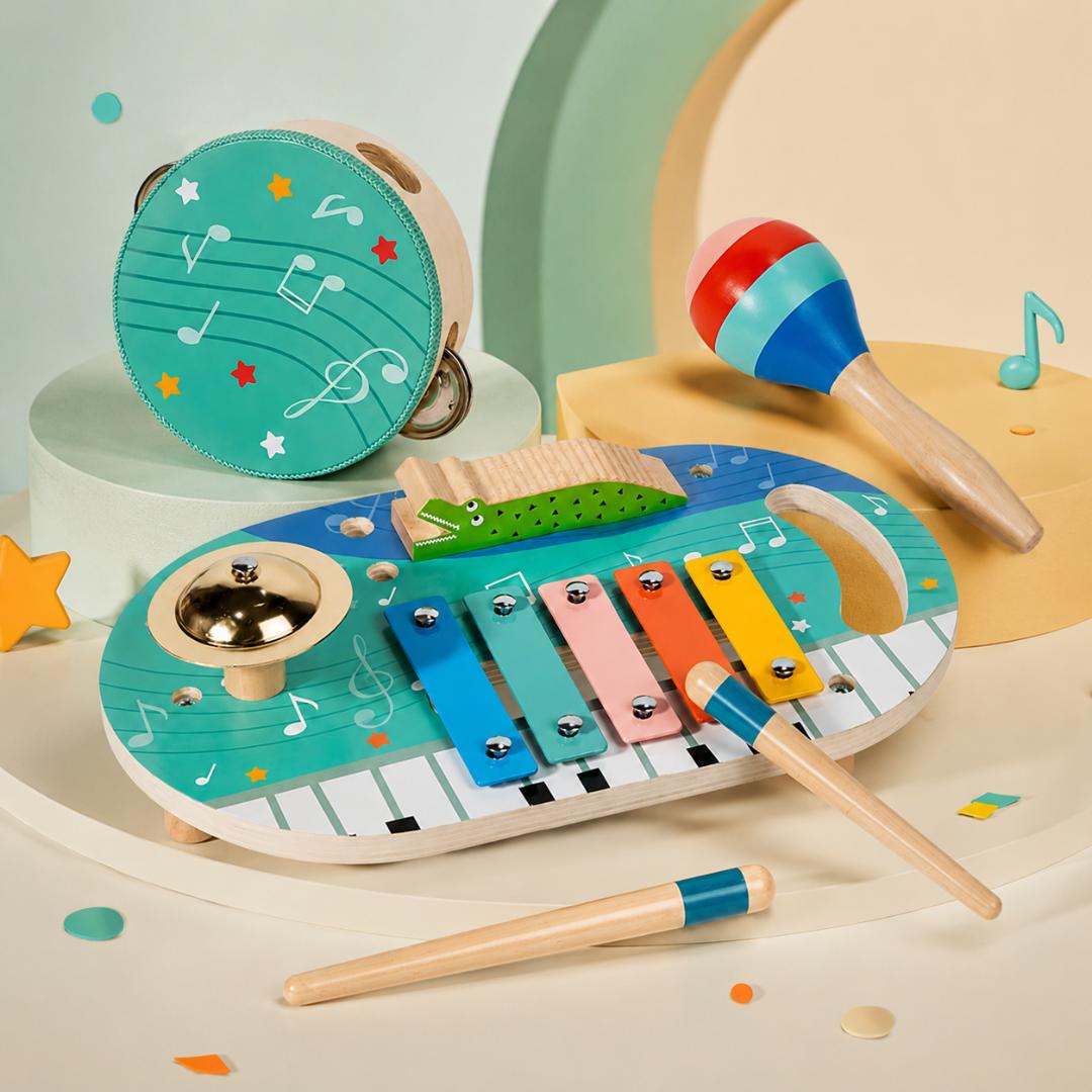 5 in 1 Wooden Musical Toys for Toddlers, Montessori Music Activity Board, Educational Baby Instruments Gift for Boys & Girls