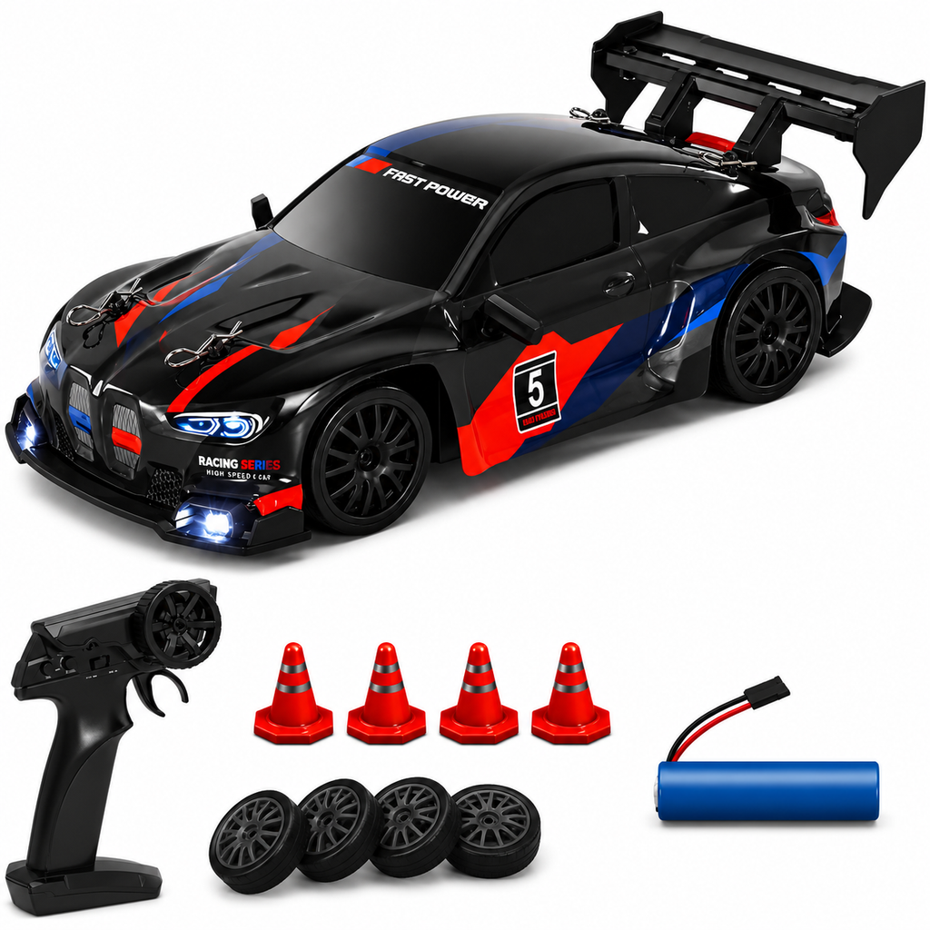 RC Racing Drift Car, 2.4GHz Controller, Extra Wheels & Cones, LED Lights & Rechargeable Battery for Kids