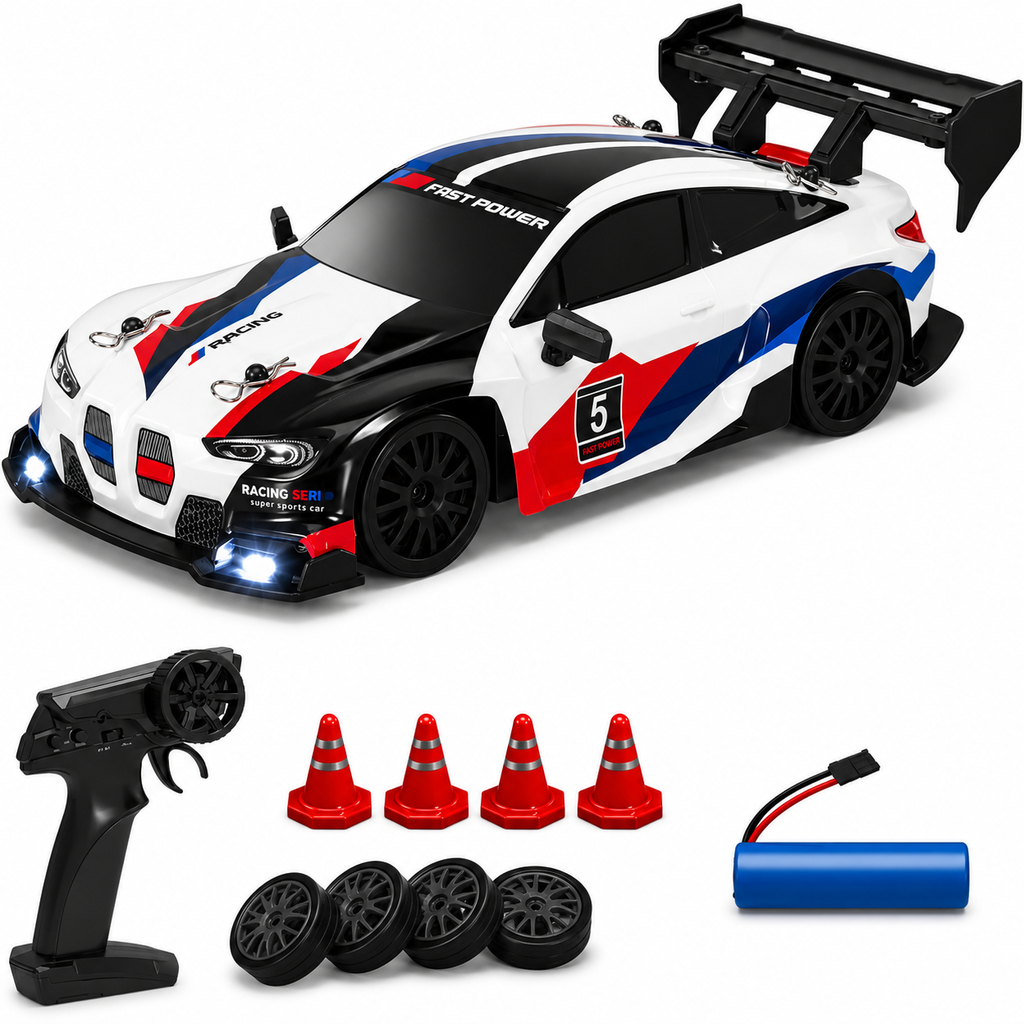 RC Racing Drift Car, 2.4GHz Controller, Extra Wheels & Cones, LED Lights & Rechargeable Battery for Kids