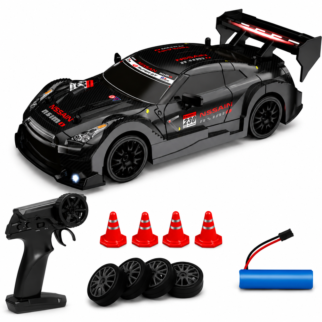 🏁 Remote Control Drift Car with Racing & Drift Tire Set, 4WD High-Speed RC Car, LED Lights & Rechargeable Battery for Kids