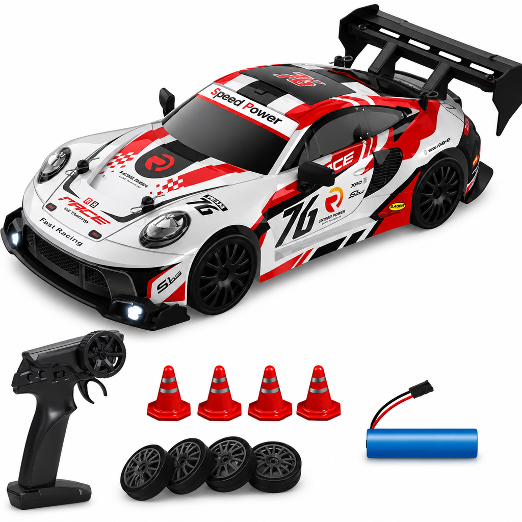 2.4GHz RC Drift Racing Car with Extra Tires & Cones, LED Lights & Rechargeable Battery for Kids