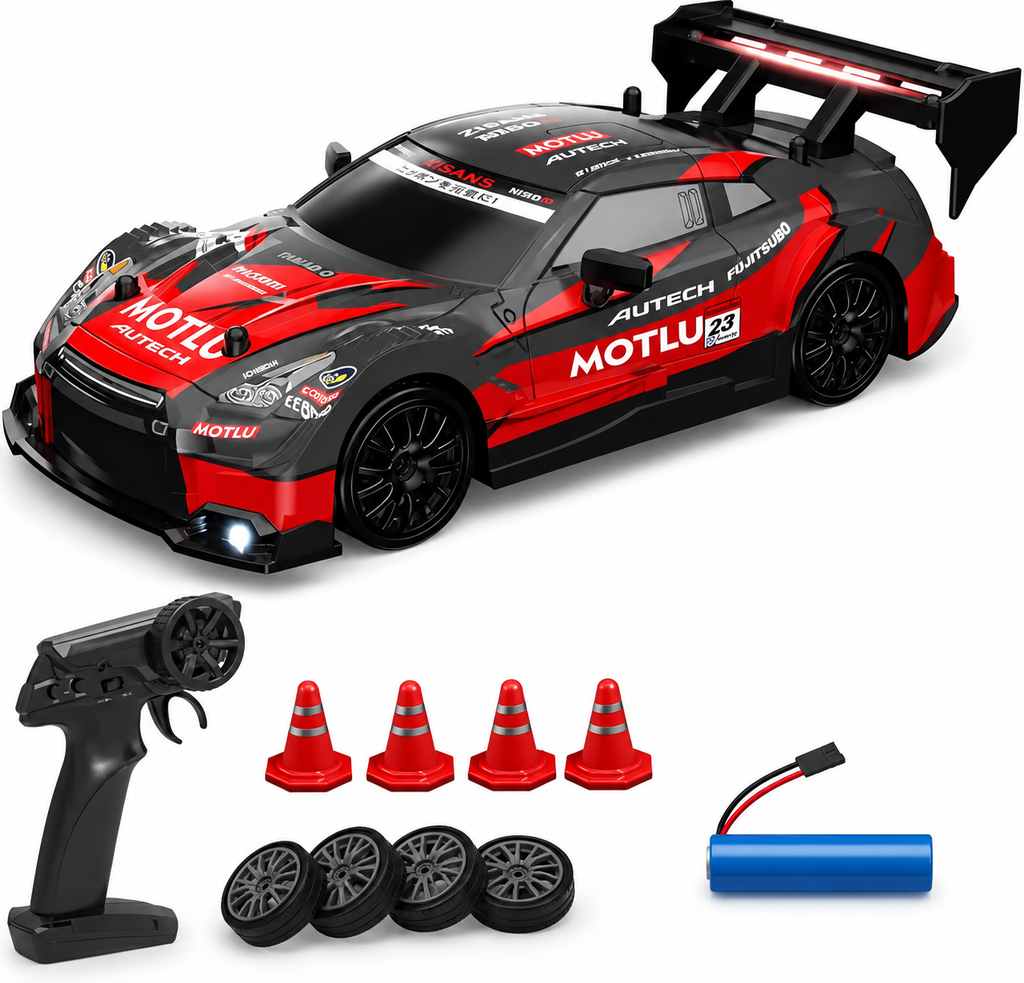 🏁 Remote Control Drift Car with Racing & Drift Tire Set, 4WD High-Speed RC Car, LED Lights & Rechargeable Battery for Kids