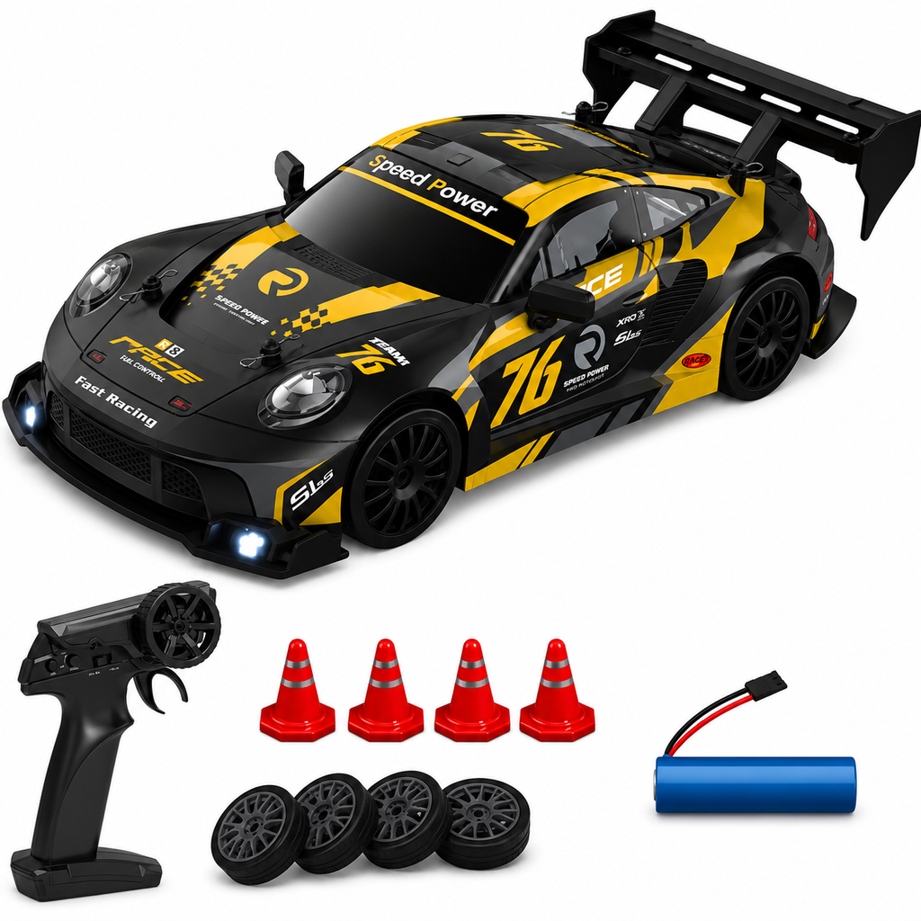 2.4GHz RC Drift Racing Car with Extra Tires & Cones, LED Lights & Rechargeable Battery for Kids