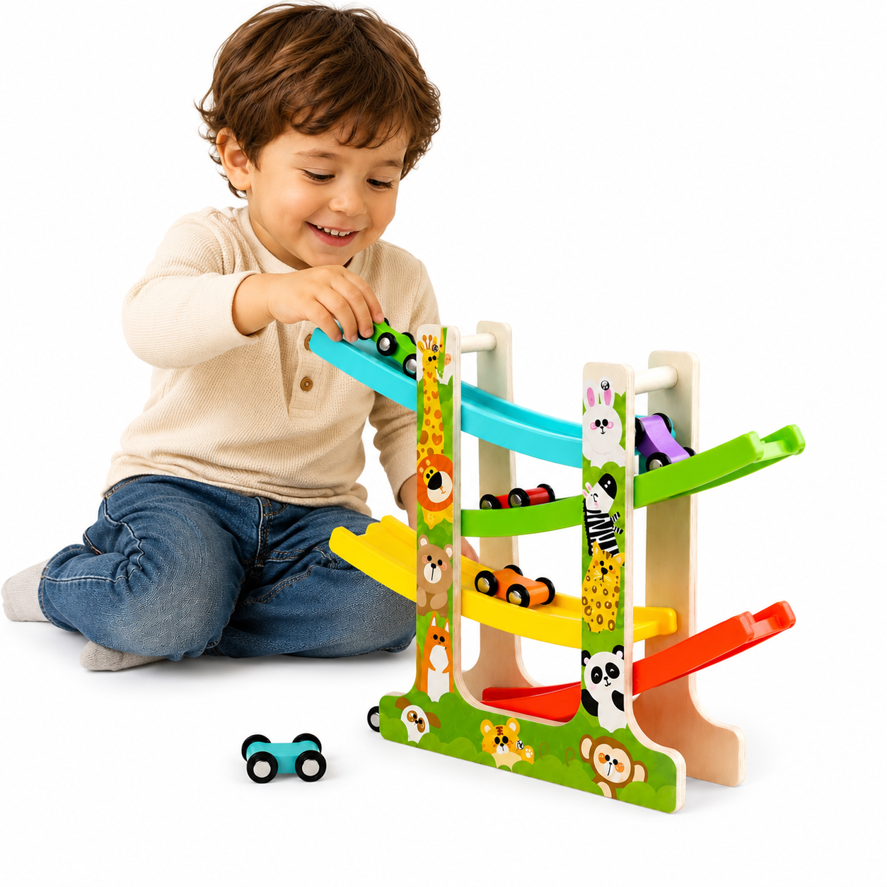 Tooty Toy Wooden Ladder Gliding Car Track for Toddlers – Colorful Racing Ramp Toy with 4 Sliding Tracks & Mini Cars