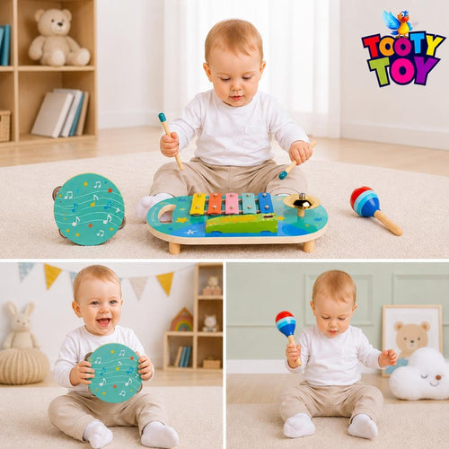 5 in 1 Wooden Musical Toys for Toddlers, Montessori Music Activity Board, Educational Baby Instruments Gift for Boys & Girls