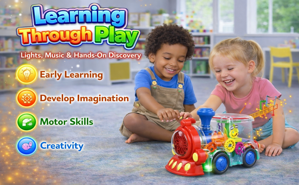 Transparent Sensory Train Toy for Kids - Lights, Music & Moving Gears