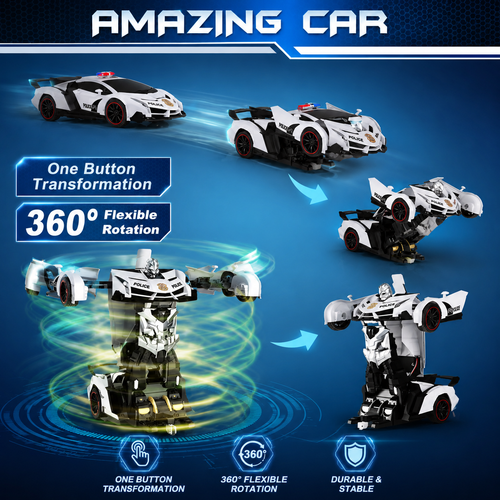 2.4GHz Remote Control Transforming Police Car Robot Toy with Lights, Rechargeable Battery & 360° Rotation