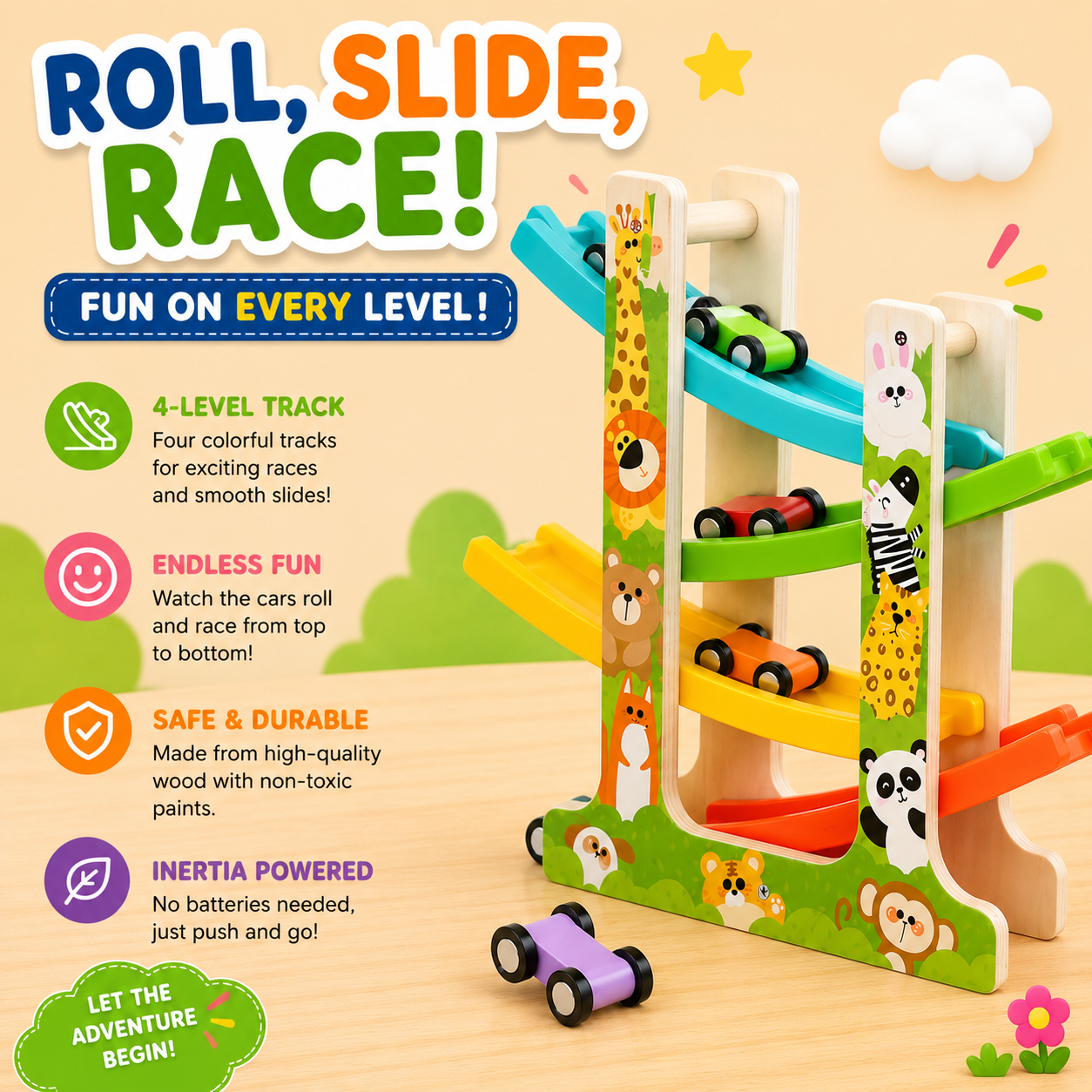 Tooty Toy Wooden Ladder Gliding Car Track for Toddlers – Colorful Racing Ramp Toy with 4 Sliding Tracks & Mini Cars