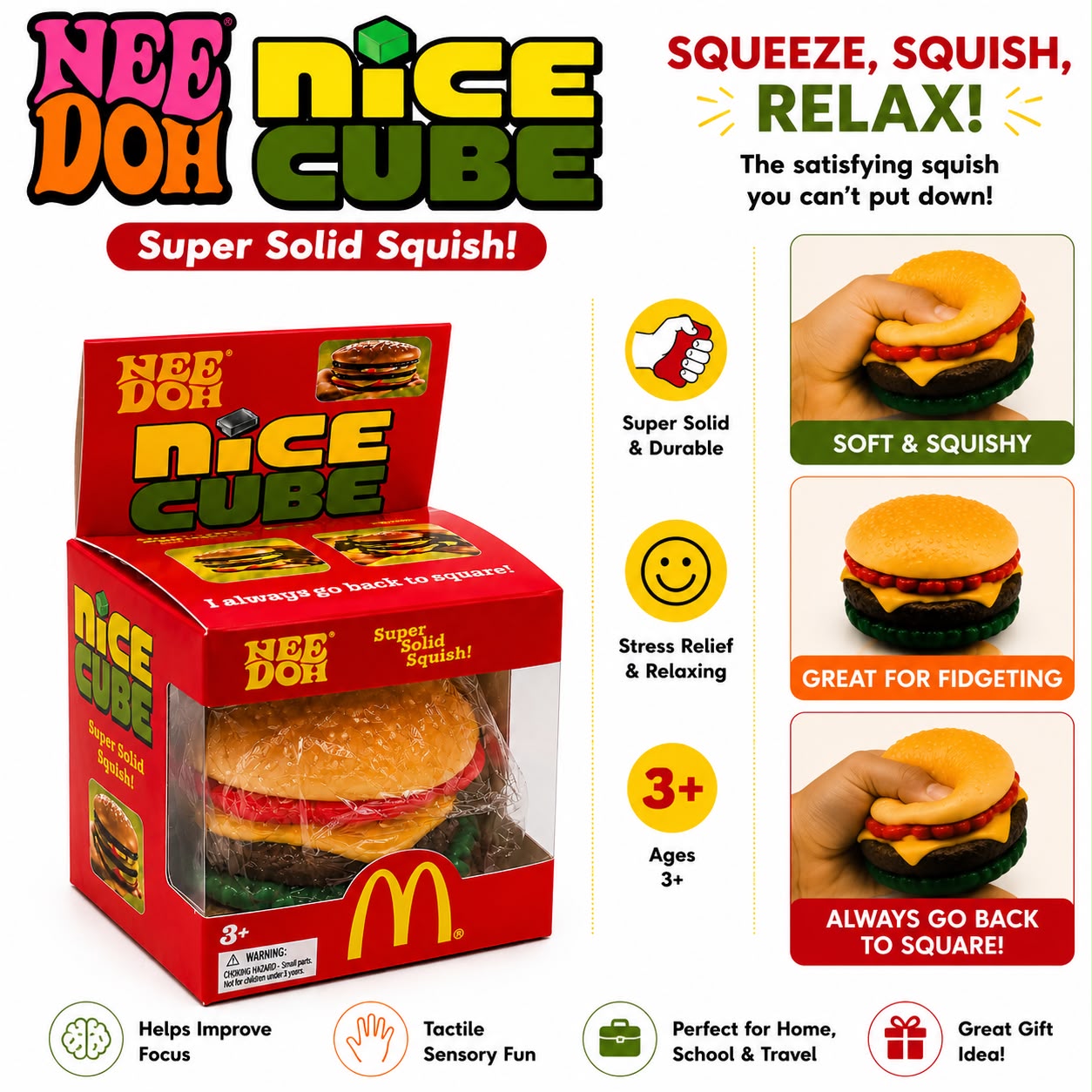 NeeDoh Nice Cube Burger Squishy Toy – Soft Sensory Stress Relief Fidget Gift
