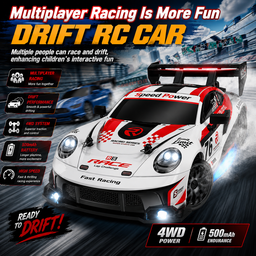 2.4GHz RC Drift Racing Car with Extra Tires & Cones, LED Lights & Rechargeable Battery for Kids
