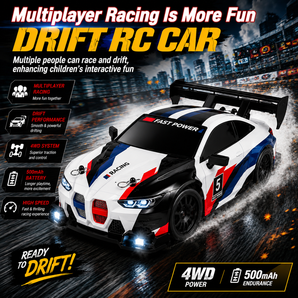 RC Racing Drift Car, 2.4GHz Controller, Extra Wheels & Cones, LED Lights & Rechargeable Battery for Kids