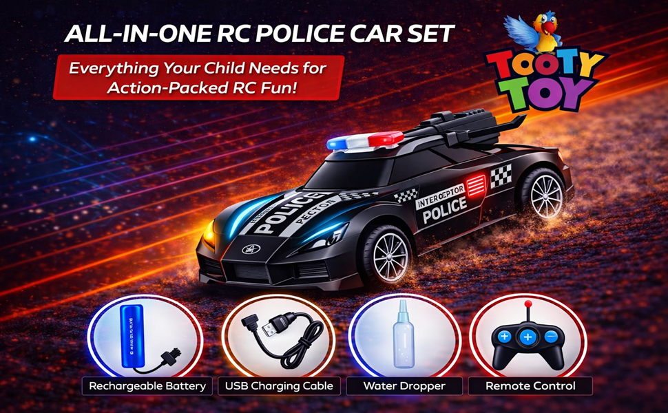 Remote Control Police Car Toy with Smoke Effect & LED Lights, Fast Rechargeable RC Car for Kids