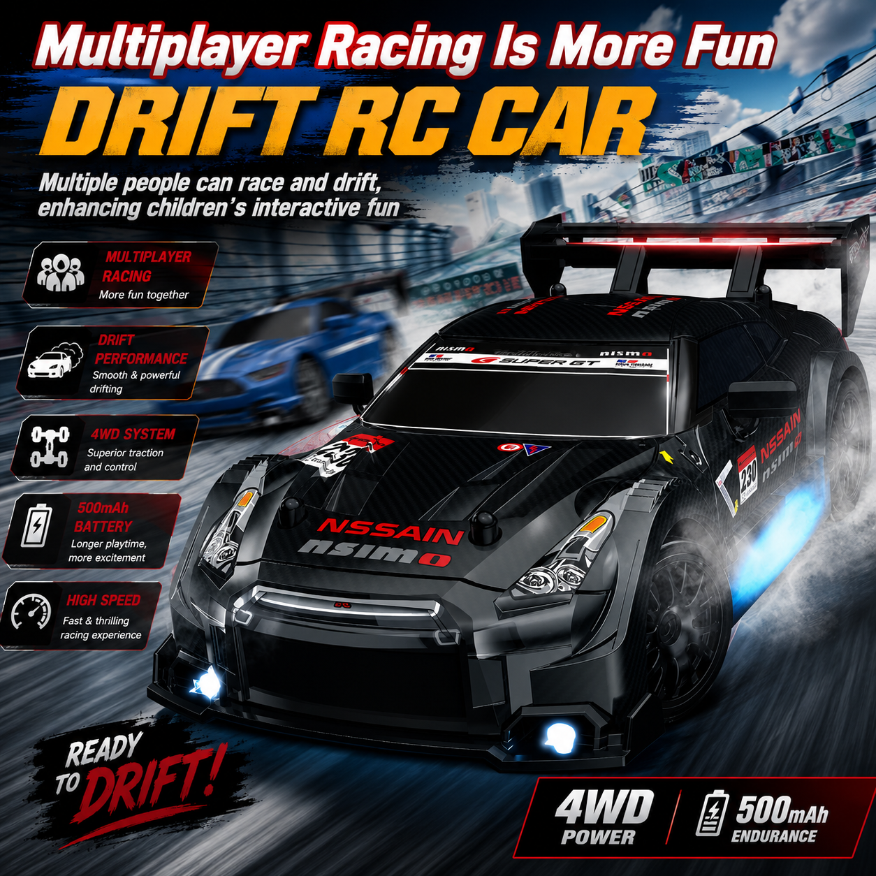 🏁 Remote Control Drift Car with Racing & Drift Tire Set, 4WD High-Speed RC Car, LED Lights & Rechargeable Battery for Kids