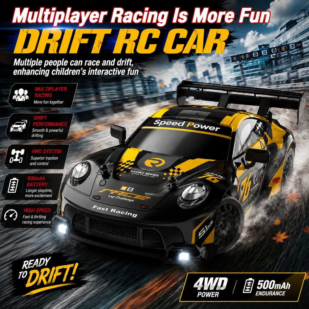 2.4GHz RC Drift Racing Car with Extra Tires & Cones, LED Lights & Rechargeable Battery for Kids