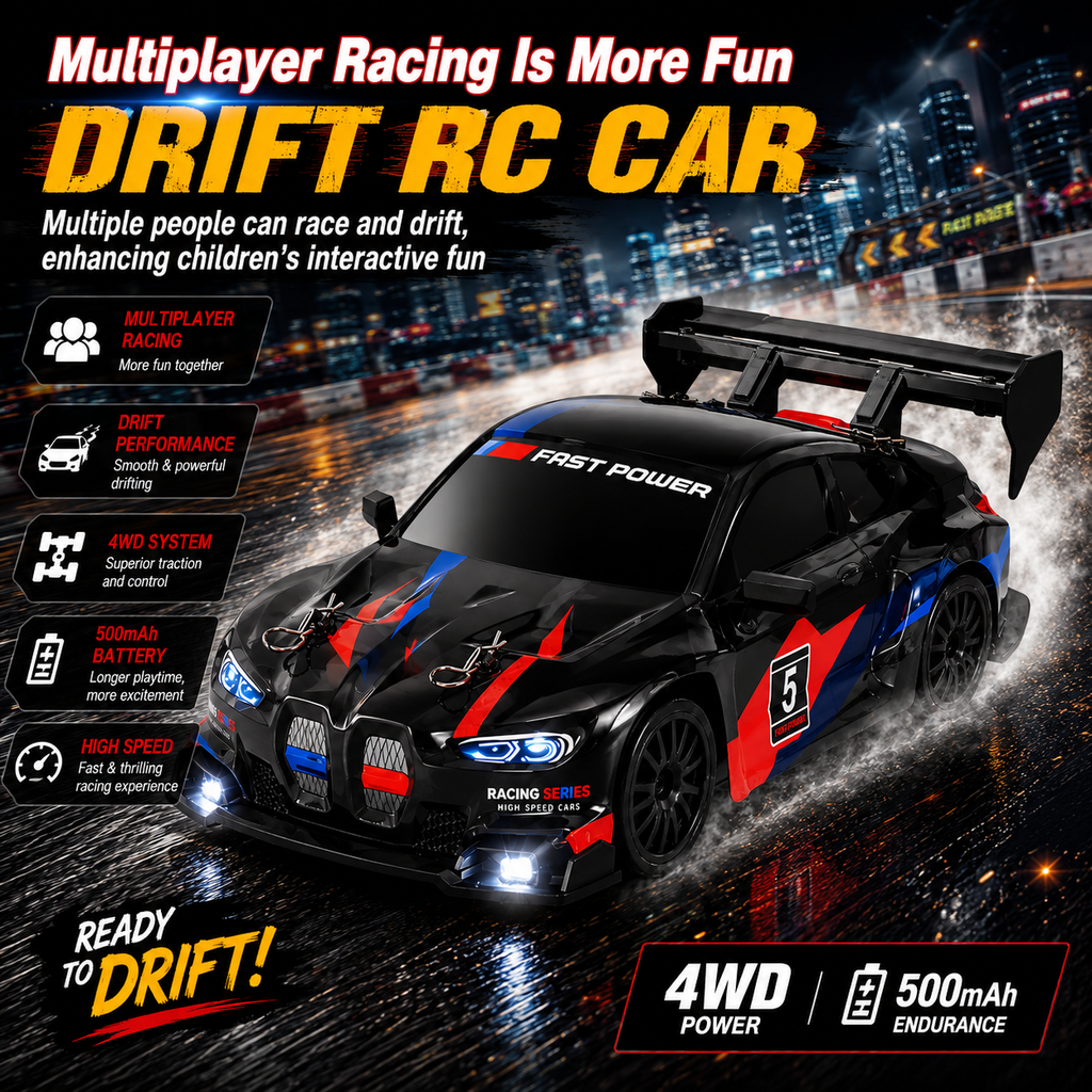 RC Racing Drift Car, 2.4GHz Controller, Extra Wheels & Cones, LED Lights & Rechargeable Battery for Kids