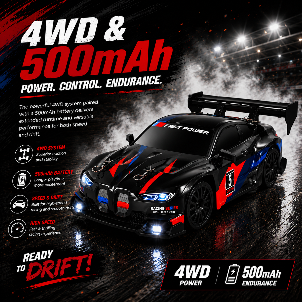 RC Racing Drift Car, 2.4GHz Controller, Extra Wheels & Cones, LED Lights & Rechargeable Battery for Kids