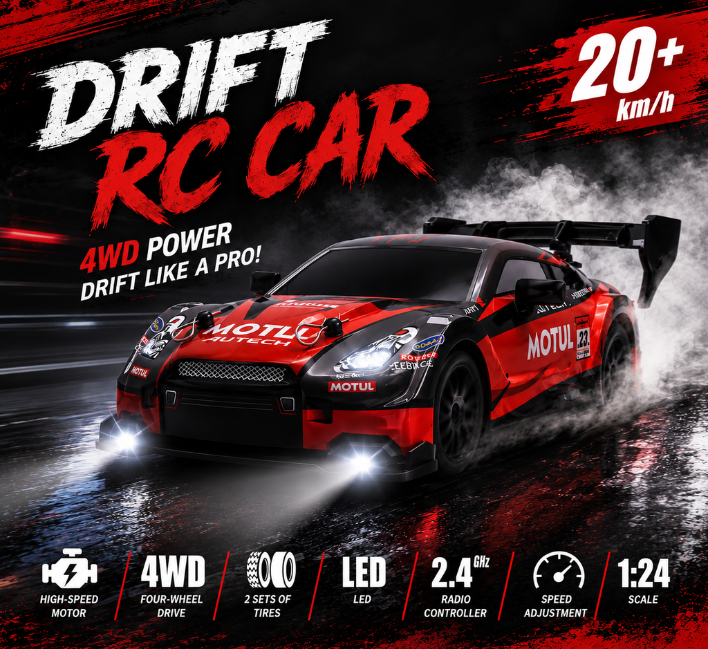 🏁 Remote Control Drift Car with Racing & Drift Tire Set, 4WD High-Speed RC Car, LED Lights & Rechargeable Battery for Kids