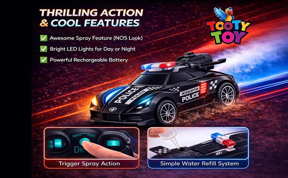 Remote Control Police Car Toy with Smoke Effect & LED Lights, Fast Rechargeable RC Car for Kids