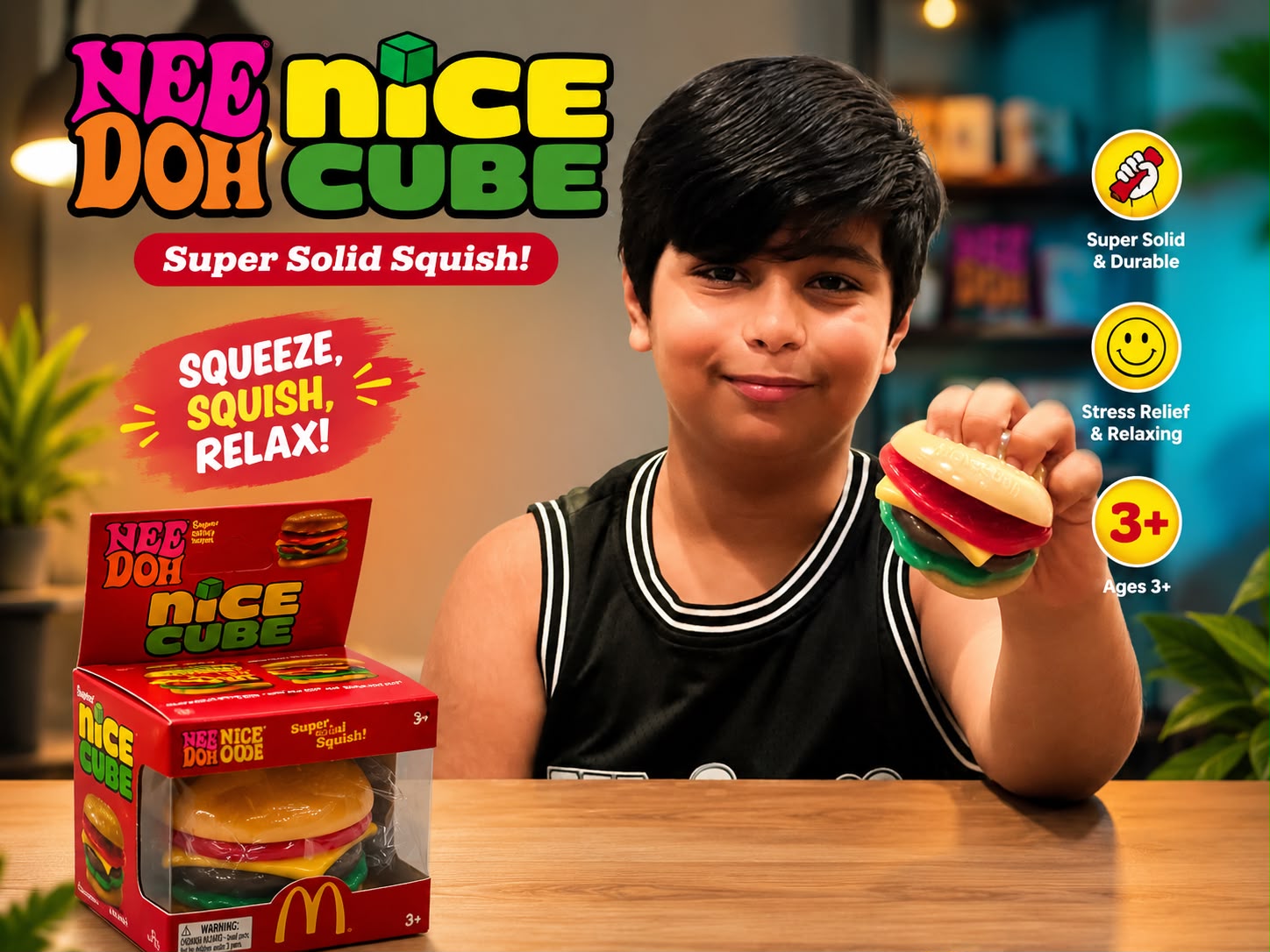 NeeDoh Nice Cube Burger Squishy Toy – Soft Sensory Stress Relief Fidget Gift