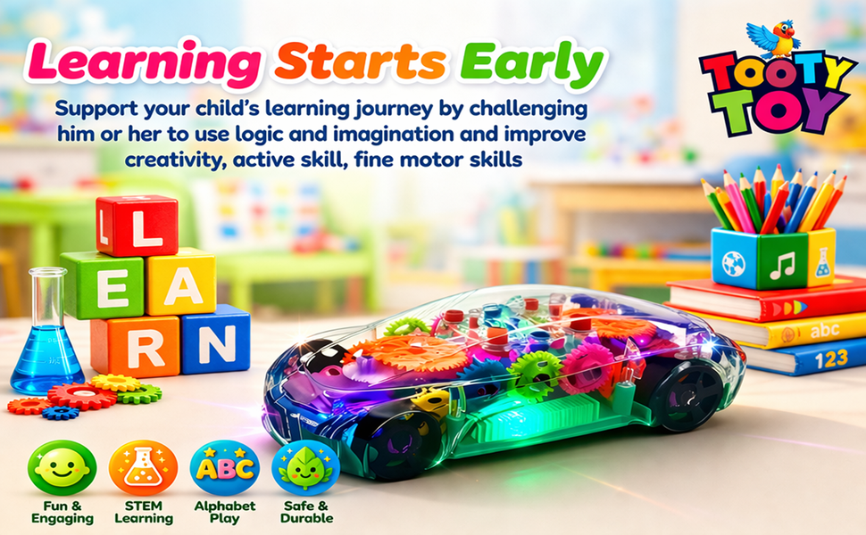 Transparent Sensory Gear Toy Car for Kids, Moving Gears, Music & LED Lights
