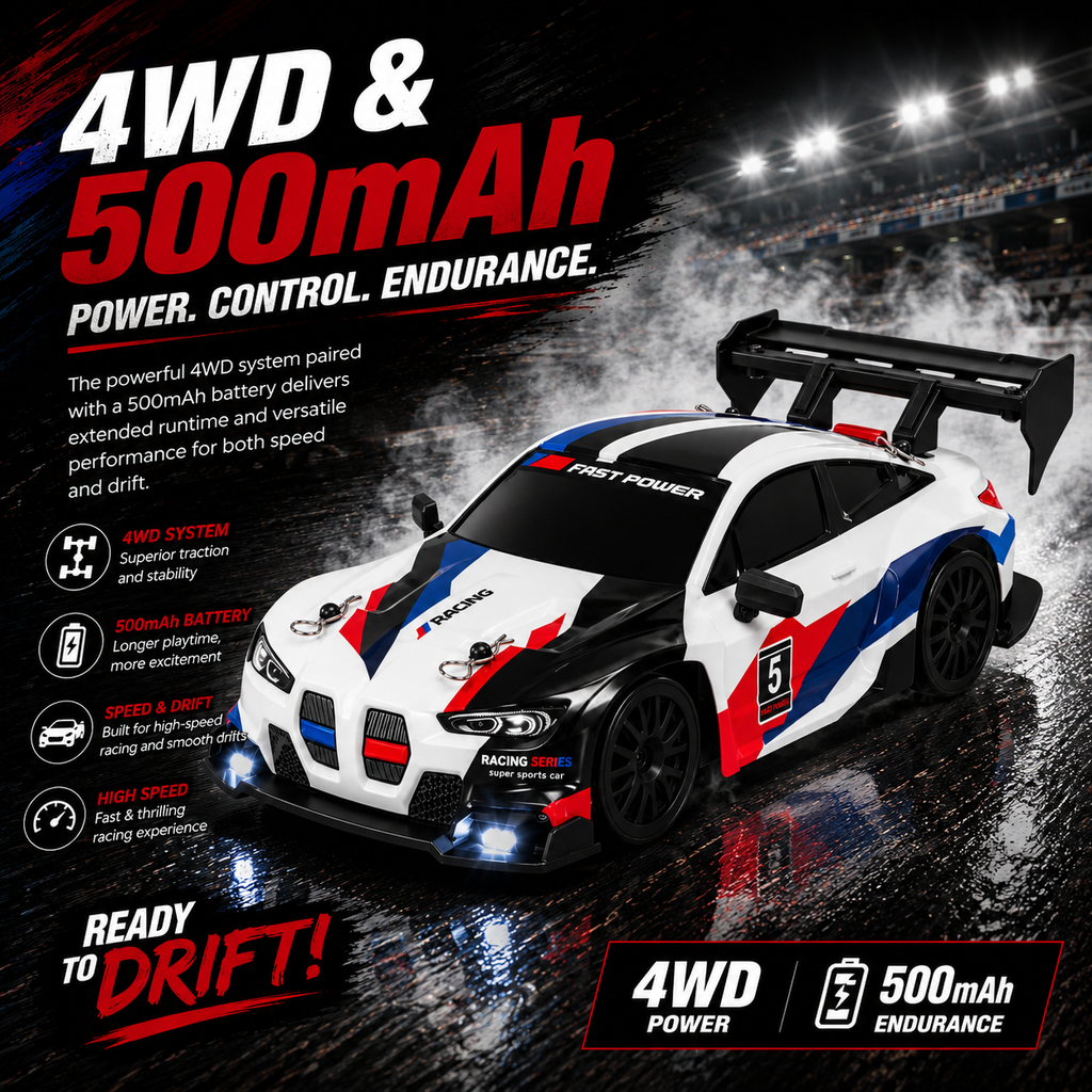 RC Racing Drift Car, 2.4GHz Controller, Extra Wheels & Cones, LED Lights & Rechargeable Battery for Kids