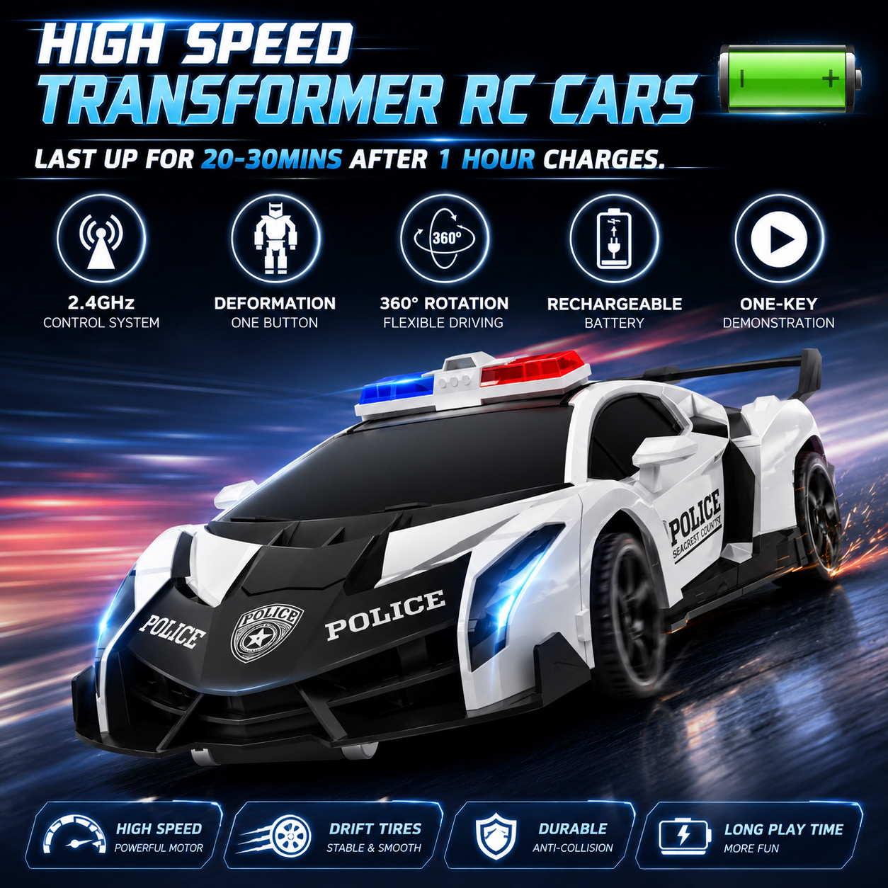 2.4GHz Remote Control Transforming Police Car Robot Toy with Lights, Rechargeable Battery & 360° Rotation