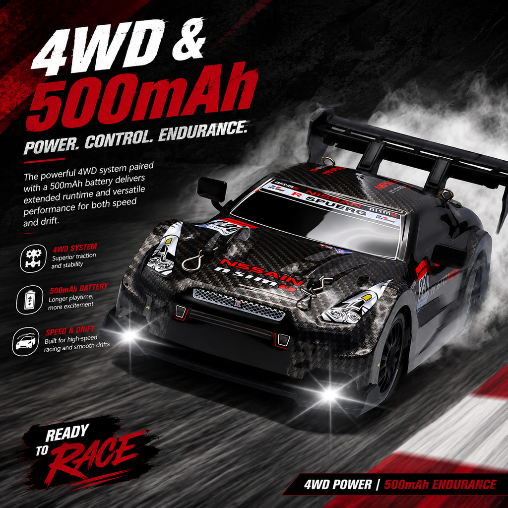 🏁 Remote Control Drift Car with Racing & Drift Tire Set, 4WD High-Speed RC Car, LED Lights & Rechargeable Battery for Kids