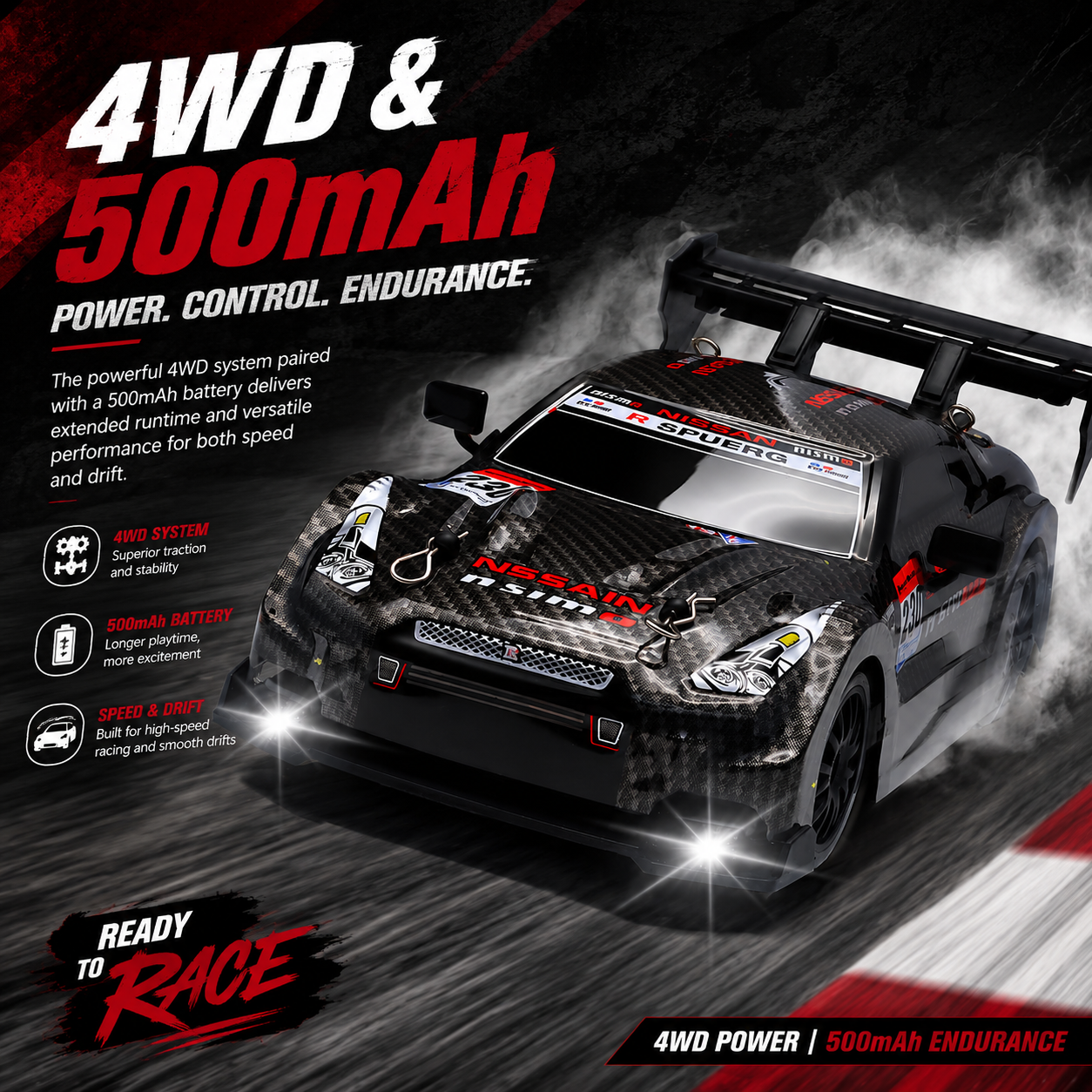 🏁 Remote Control Drift Car with Racing & Drift Tire Set, 4WD High-Speed RC Car, LED Lights & Rechargeable Battery for Kids