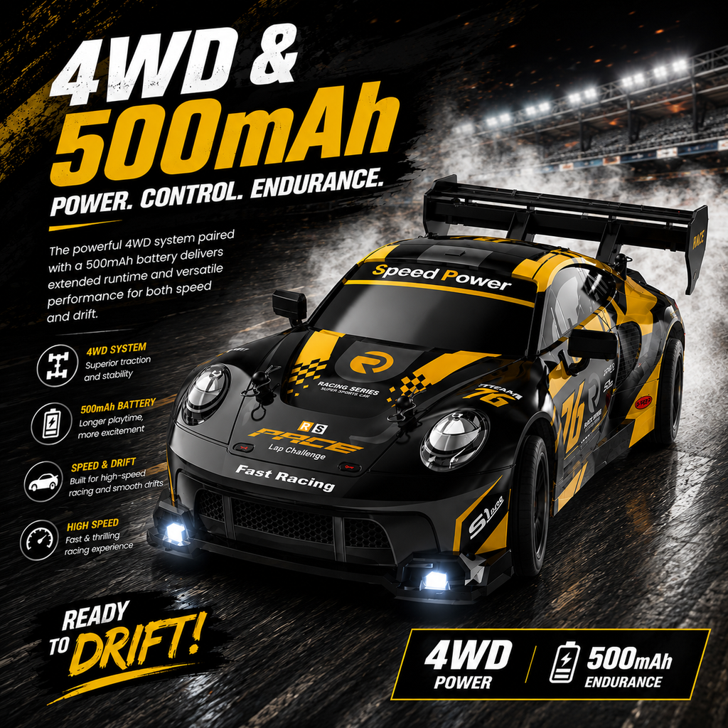 2.4GHz RC Drift Racing Car with Extra Tires & Cones, LED Lights & Rechargeable Battery for Kids