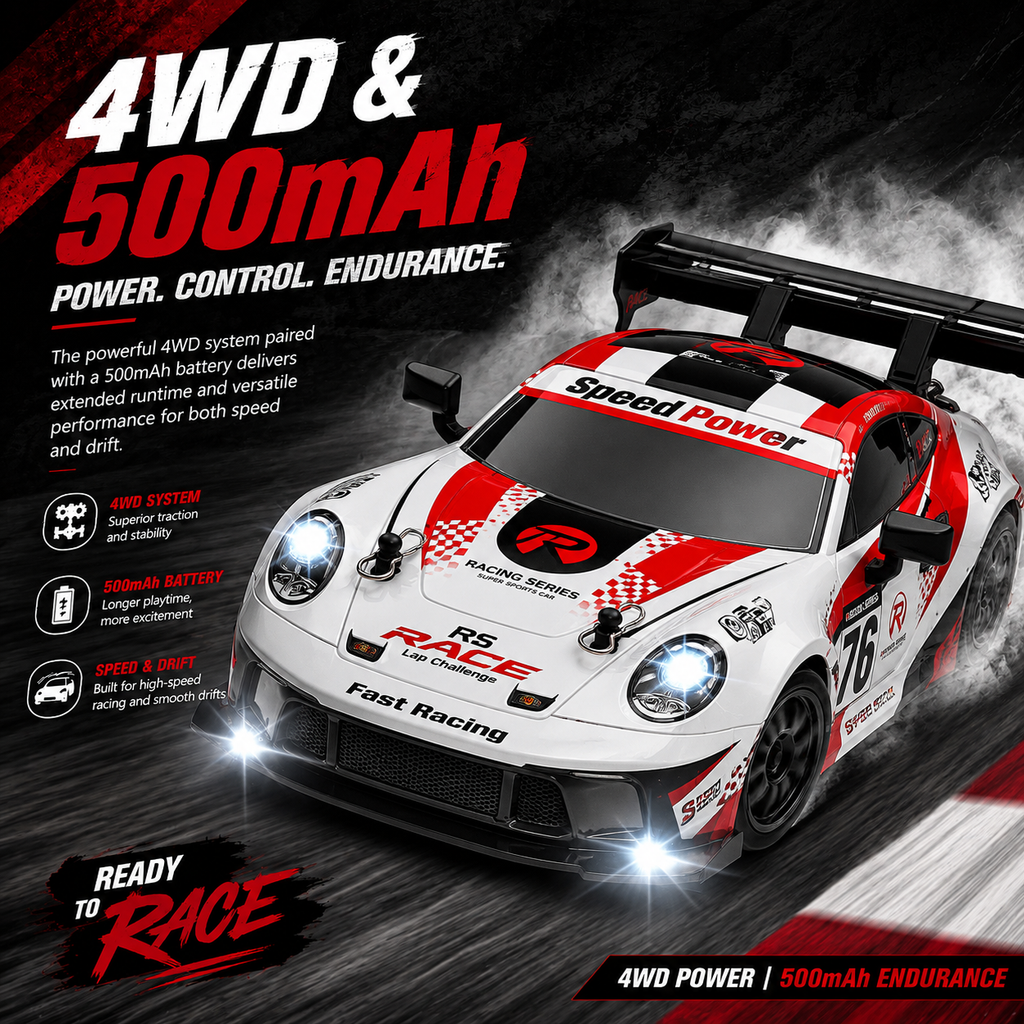 2.4GHz RC Drift Racing Car with Extra Tires & Cones, LED Lights & Rechargeable Battery for Kids