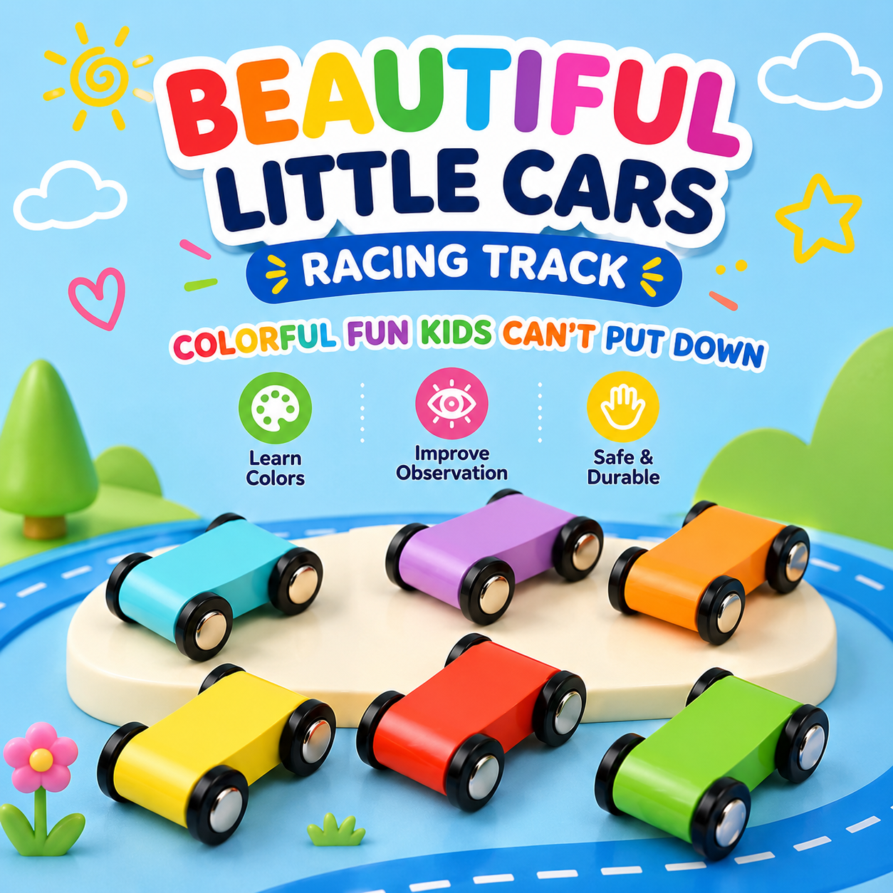 Tooty Toy Wooden Ladder Gliding Car Track for Toddlers – Colorful Racing Ramp Toy with 4 Sliding Tracks & Mini Cars