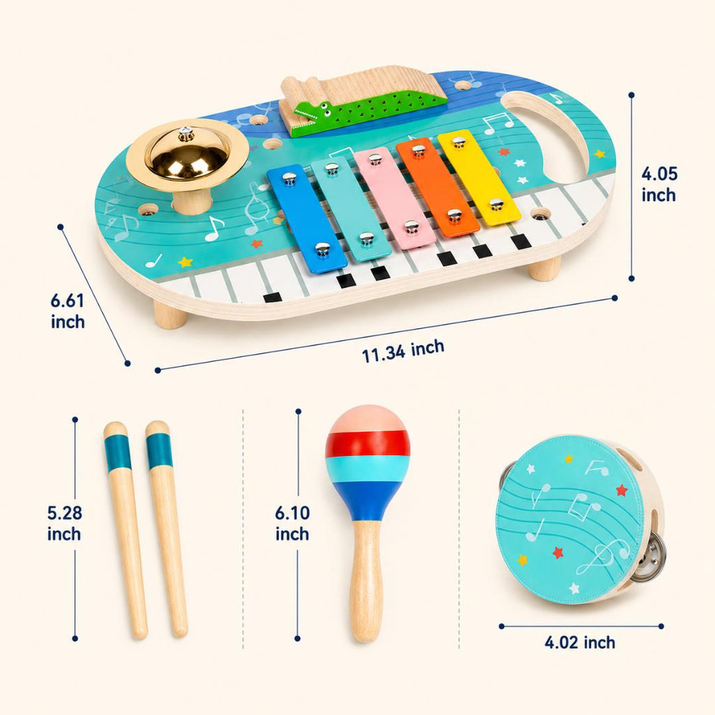 5 in 1 Wooden Musical Toys for Toddlers, Montessori Music Activity Board, Educational Baby Instruments Gift for Boys & Girls