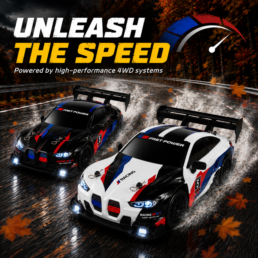 RC Racing Drift Car, 2.4GHz Controller, Extra Wheels & Cones, LED Lights & Rechargeable Battery for Kids