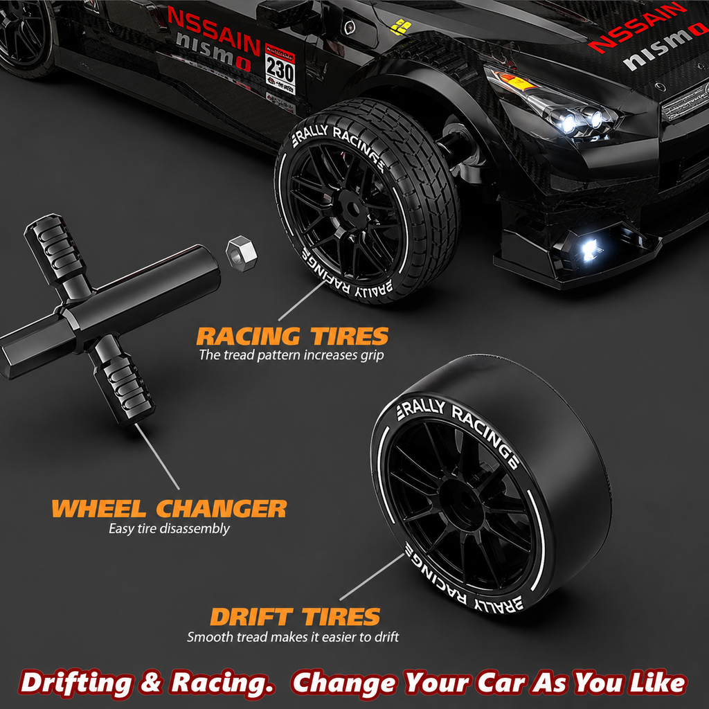 🏁 Remote Control Drift Car with Racing & Drift Tire Set, 4WD High-Speed RC Car, LED Lights & Rechargeable Battery for Kids