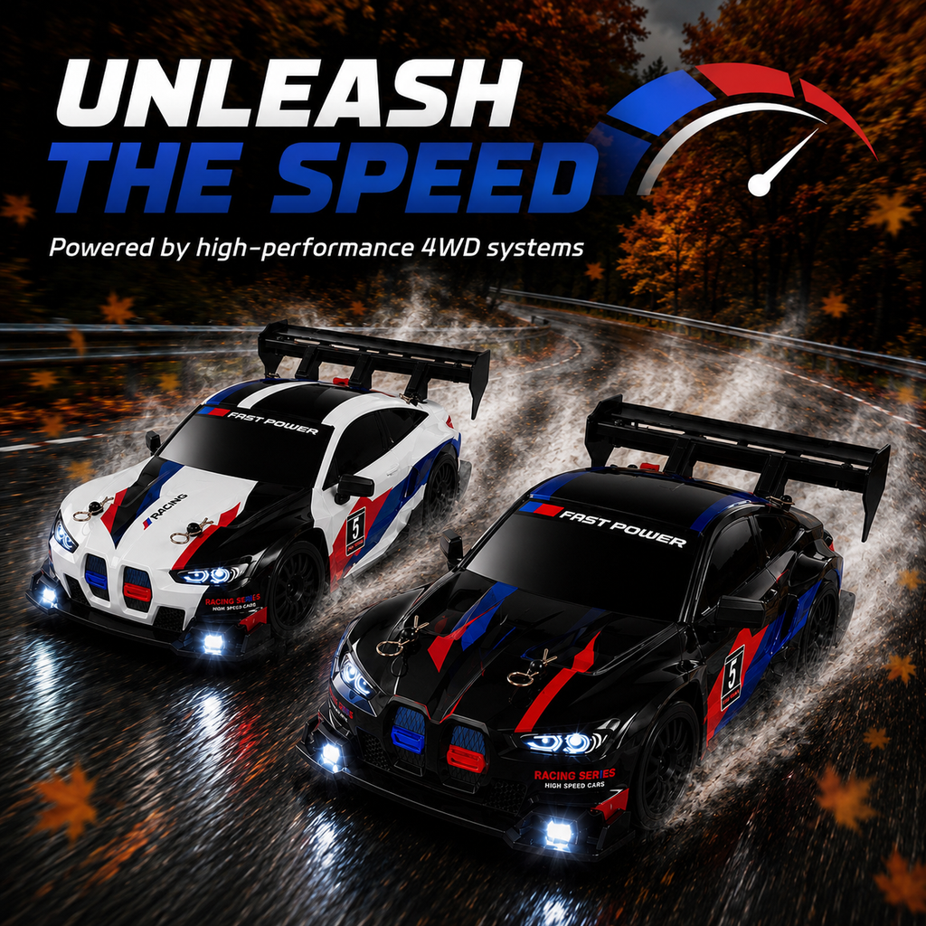 RC Racing Drift Car, 2.4GHz Controller, Extra Wheels & Cones, LED Lights & Rechargeable Battery for Kids