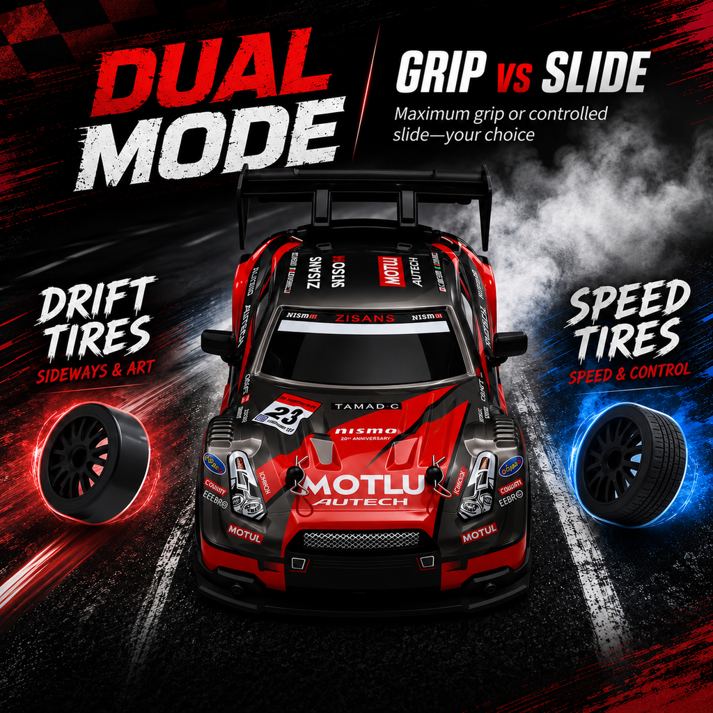 🏁 Remote Control Drift Car with Racing & Drift Tire Set, 4WD High-Speed RC Car, LED Lights & Rechargeable Battery for Kids