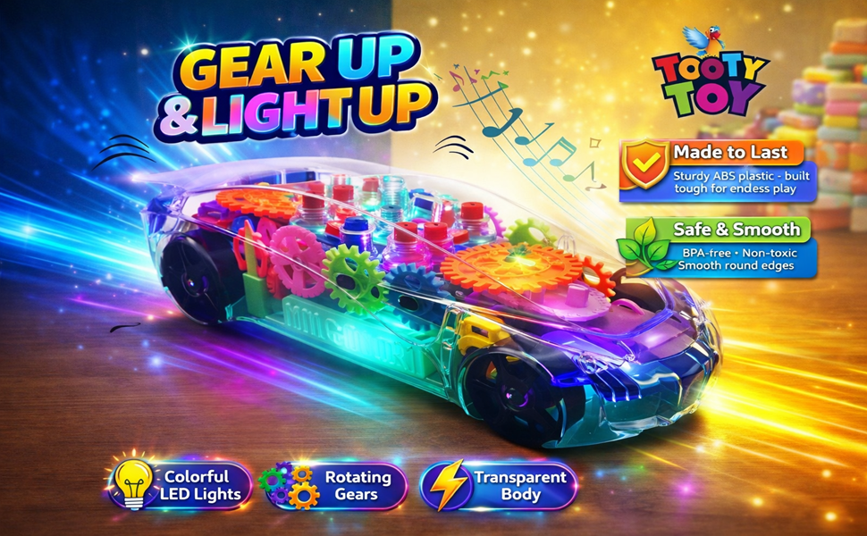 Transparent Sensory Gear Toy Car for Kids, Moving Gears, Music & LED Lights