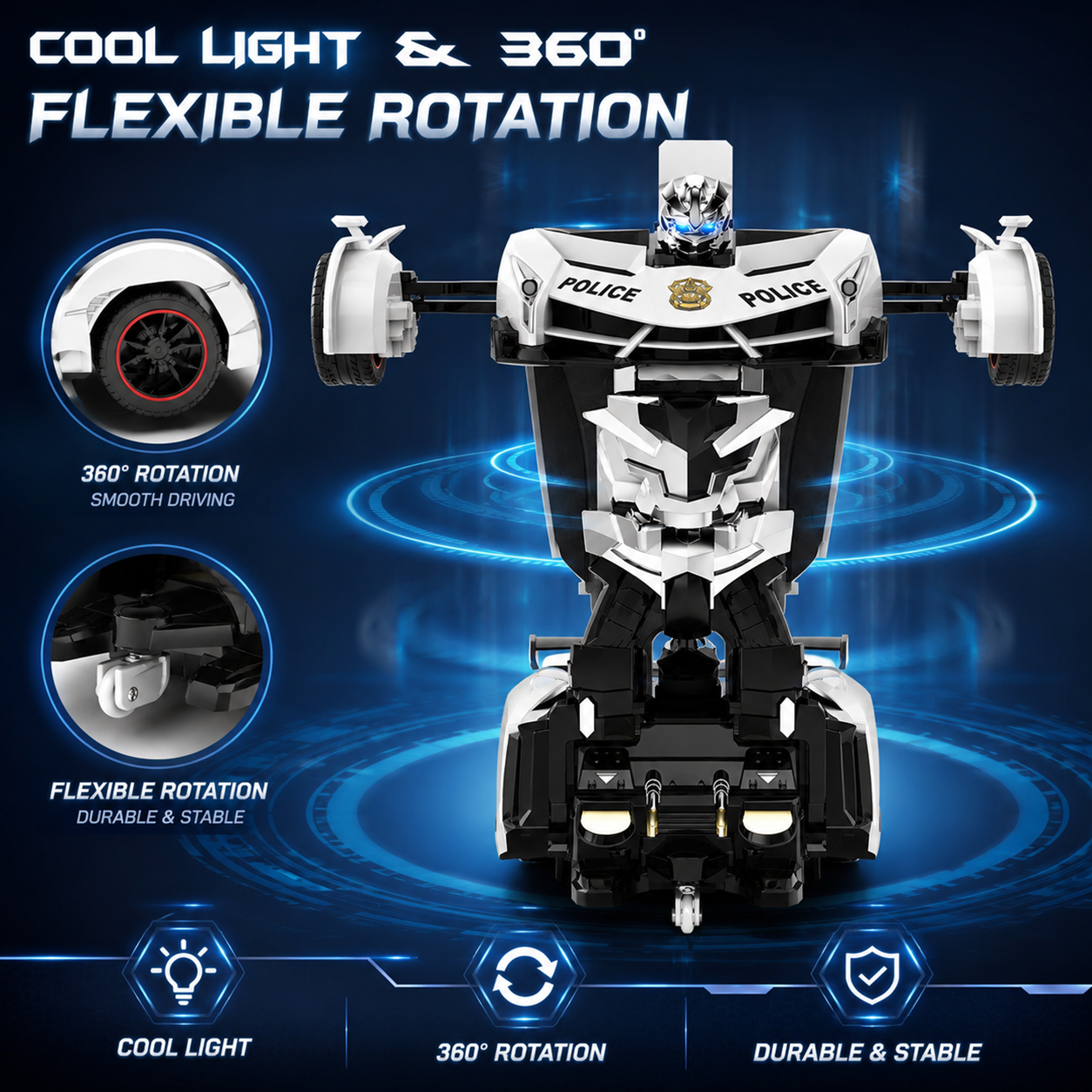 2.4GHz Remote Control Transforming Police Car Robot Toy with Lights, Rechargeable Battery & 360° Rotation