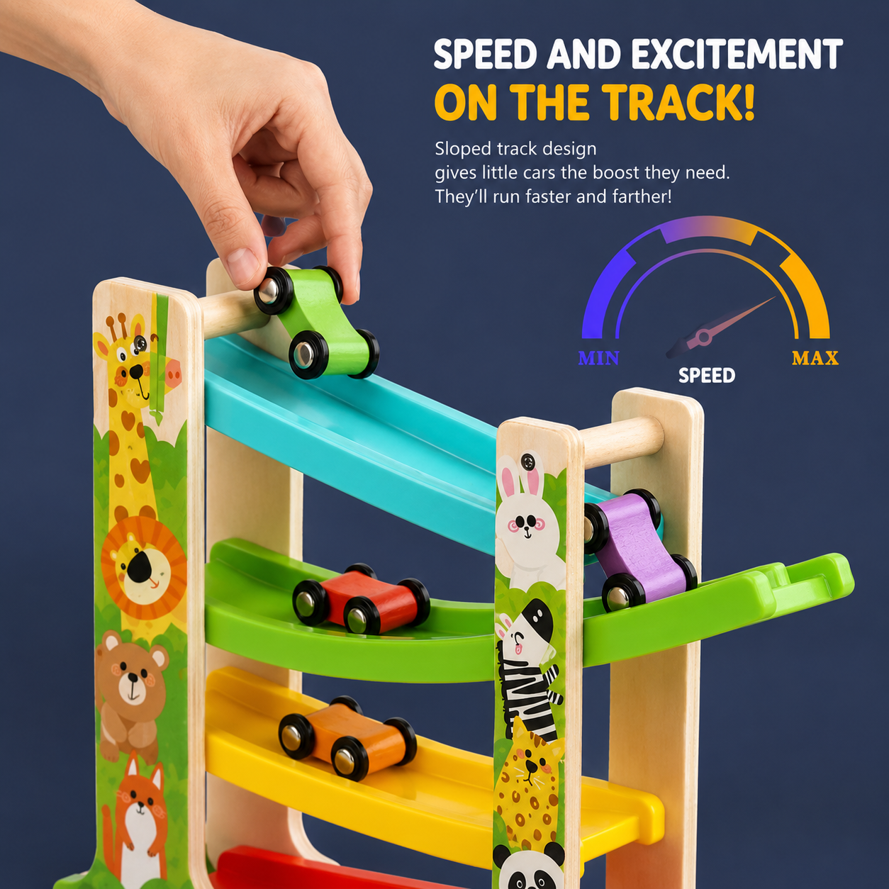 Tooty Toy Wooden Ladder Gliding Car Track for Toddlers – Colorful Racing Ramp Toy with 4 Sliding Tracks & Mini Cars