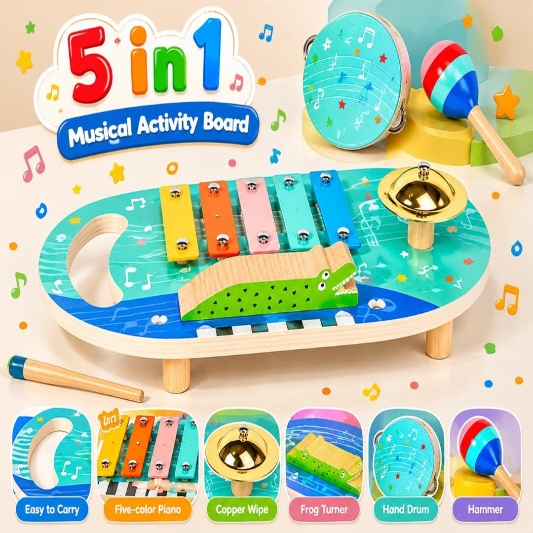 5 in 1 Wooden Musical Toys for Toddlers, Montessori Music Activity Board, Educational Baby Instruments Gift for Boys & Girls