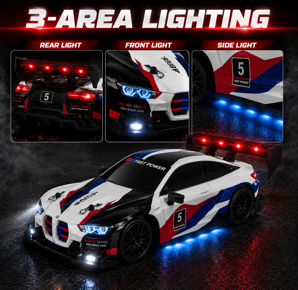 RC Racing Drift Car, 2.4GHz Controller, Extra Wheels & Cones, LED Lights & Rechargeable Battery for Kids