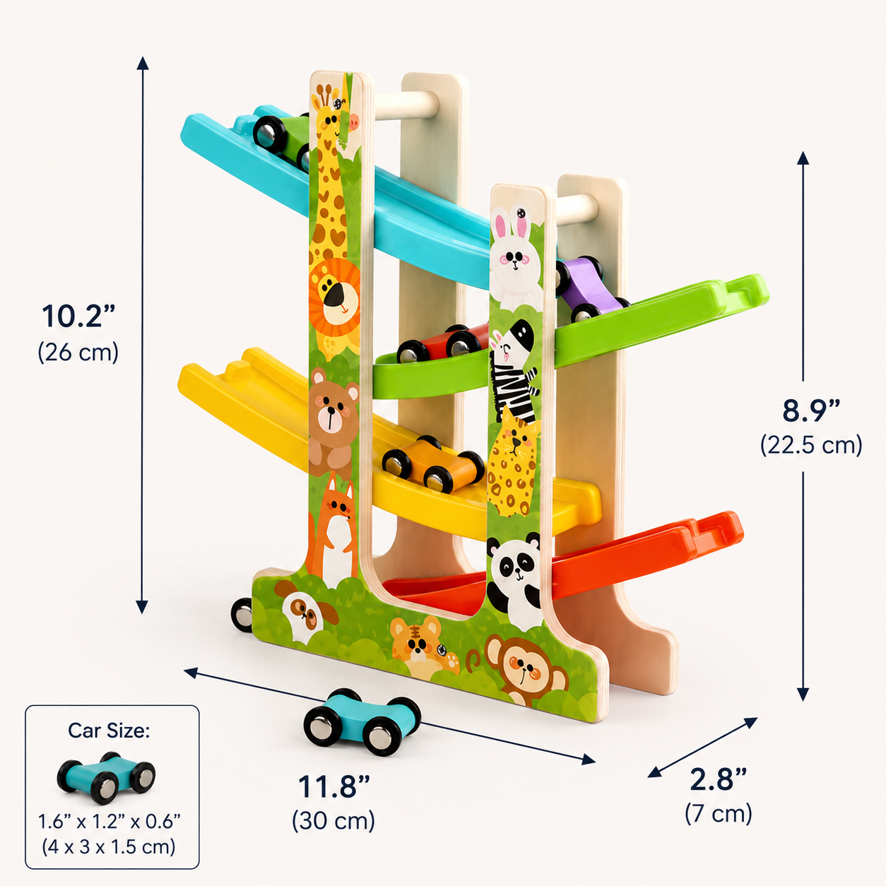 Tooty Toy Wooden Ladder Gliding Car Track for Toddlers – Colorful Racing Ramp Toy with 4 Sliding Tracks & Mini Cars