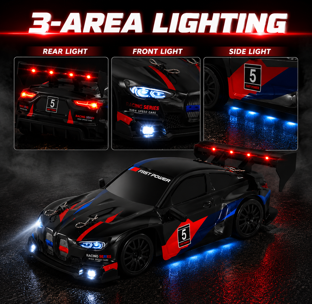 RC Racing Drift Car, 2.4GHz Controller, Extra Wheels & Cones, LED Lights & Rechargeable Battery for Kids
