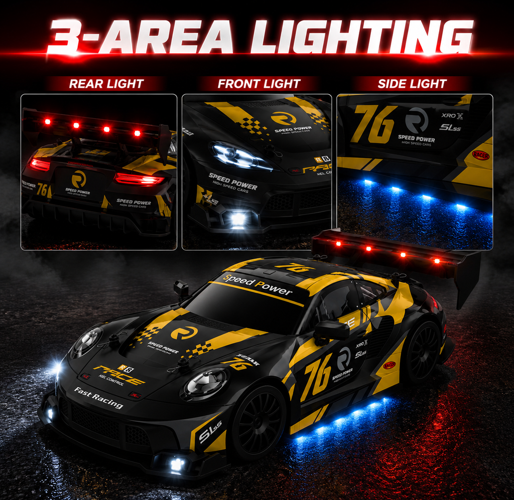 2.4GHz RC Drift Racing Car with Extra Tires & Cones, LED Lights & Rechargeable Battery for Kids