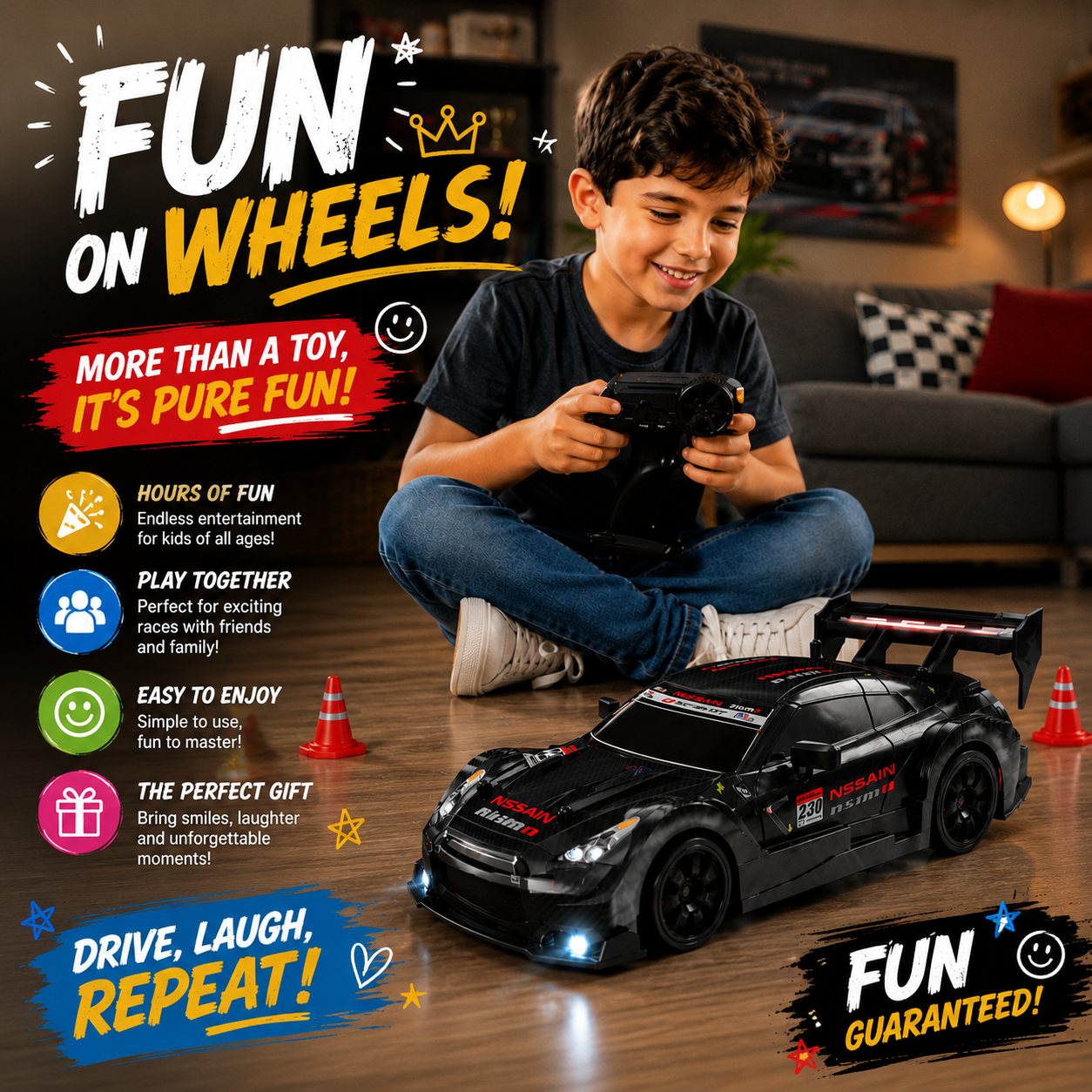 🏁 Remote Control Drift Car with Racing & Drift Tire Set, 4WD High-Speed RC Car, LED Lights & Rechargeable Battery for Kids