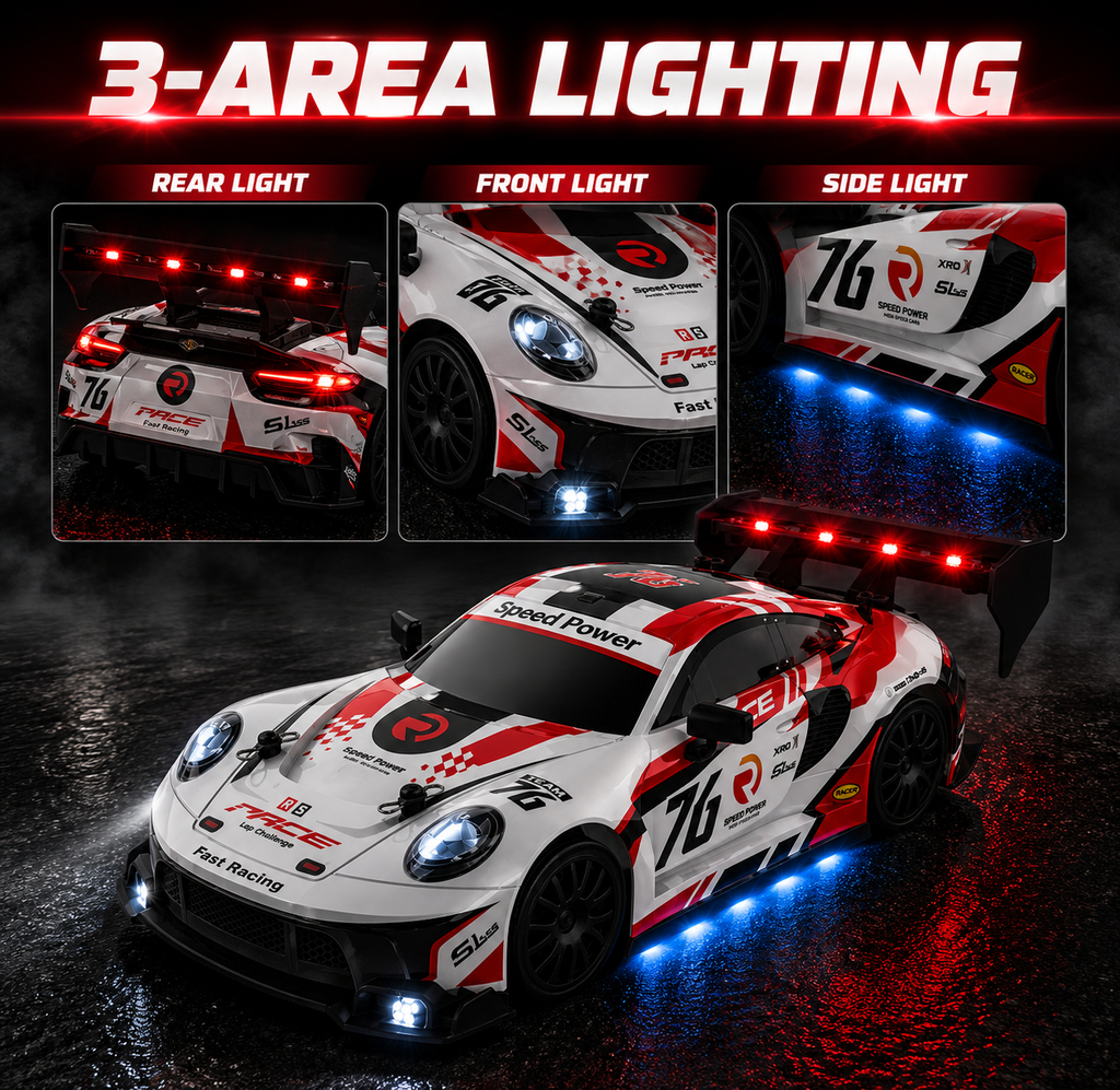 2.4GHz RC Drift Racing Car with Extra Tires & Cones, LED Lights & Rechargeable Battery for Kids