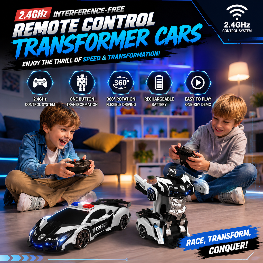 2.4GHz Remote Control Transforming Police Car Robot Toy with Lights, Rechargeable Battery & 360° Rotation