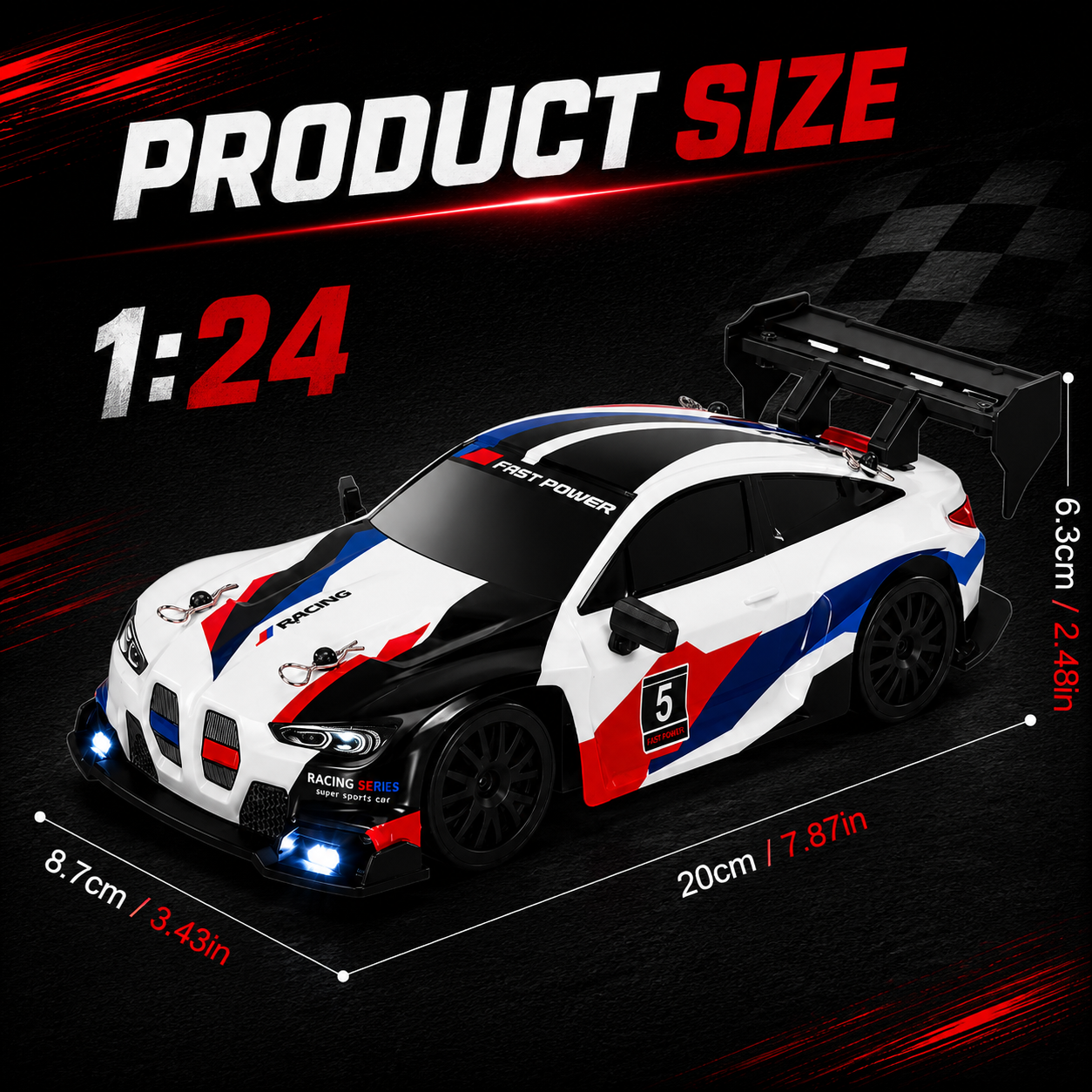 RC Racing Drift Car, 2.4GHz Controller, Extra Wheels & Cones, LED Lights & Rechargeable Battery for Kids