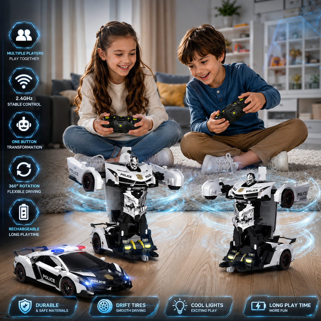 2.4GHz Remote Control Transforming Police Car Robot Toy with Lights, Rechargeable Battery & 360° Rotation
