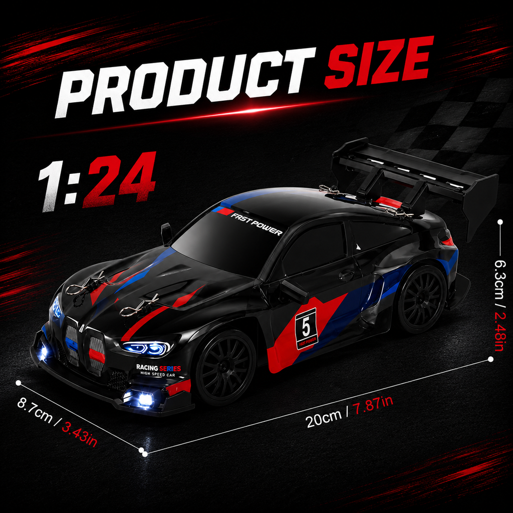 RC Racing Drift Car, 2.4GHz Controller, Extra Wheels & Cones, LED Lights & Rechargeable Battery for Kids